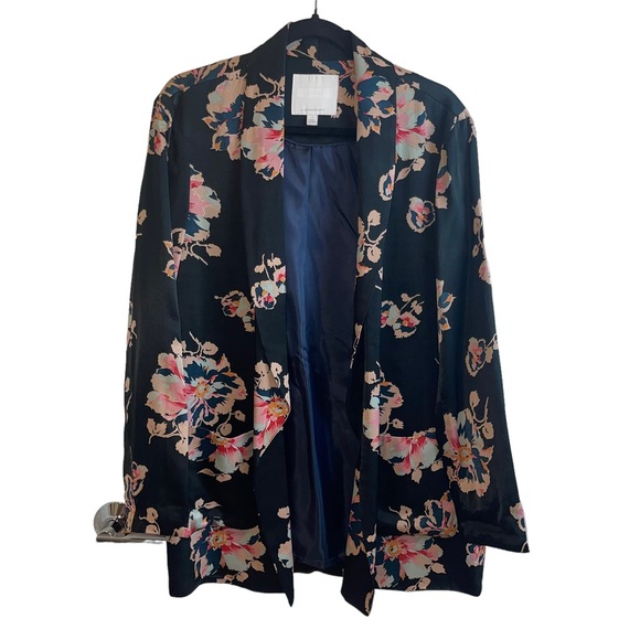 Anthropologie Ett:Twa Black & Pink Floral Tatie Satin Open Blazer Jacket… - Picture 4 of 10